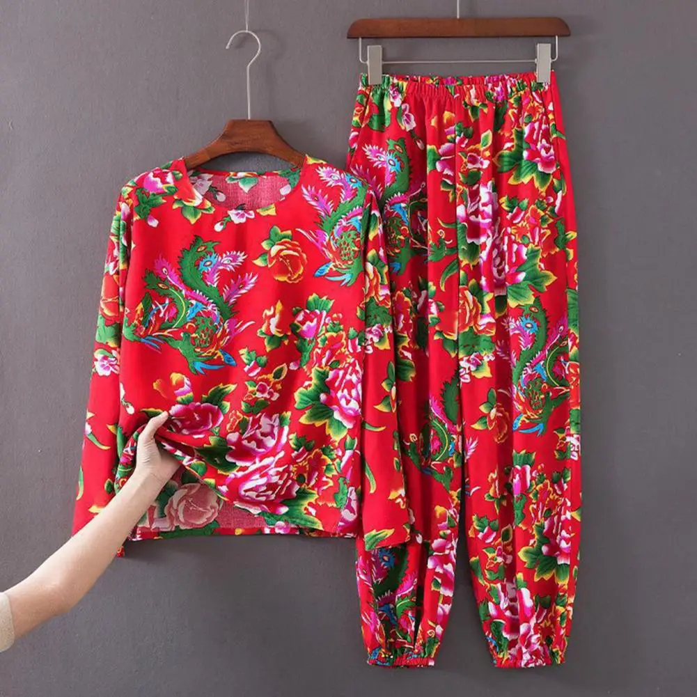 Spring Women Suit Northeast Ethnic Flower Print T-shirt Pants Set for Women Round Neck Long Sleeve Top Elastic Waist