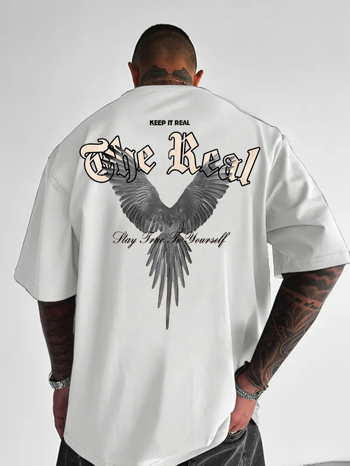 Oversized Men Crew Neck T-Shirt, The Real Eagle Gothic Letter Back Graphic Print Short Sleeve Casual Streetwear Tee