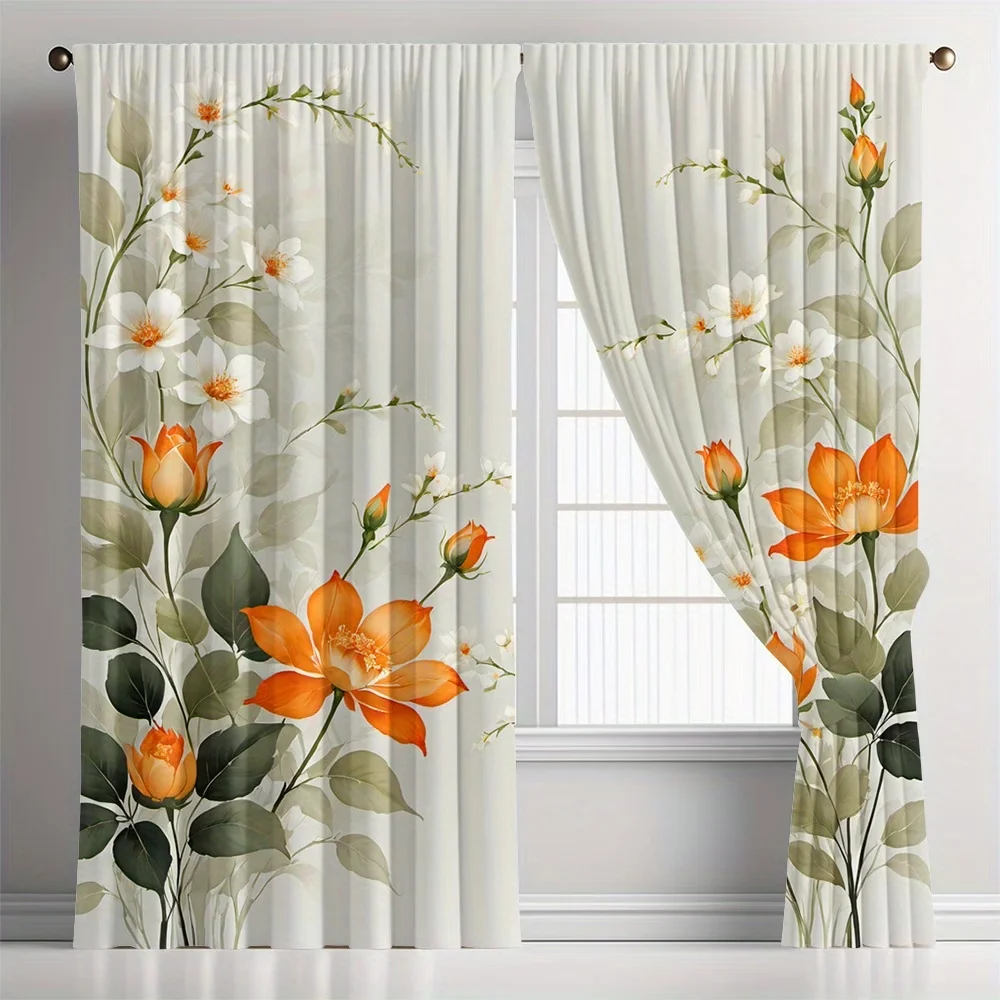 2PCS Digital Printed Curtains, Orange White Flowers Bright Citrus Floral, Window Drapes for Living Room Bedroom Home Decoration