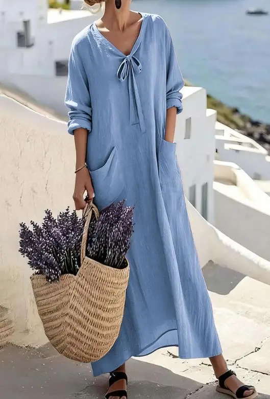 

Women's Dress Summer New Elegant Casual Vacation Style Lace Up Pocket Design V-Neck Loose Straight Tube Long Sleeved Dress