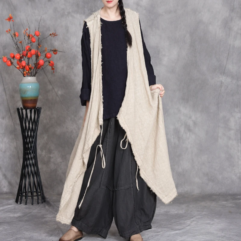 

Spring Autumn Arts Style Women Long Sleeveless Women Irregular Vests Vintage Big Size Personalized Cotton Linen Lace Up Coats