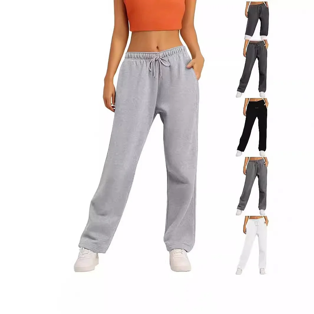Solid Color Casual Joggers Sweatpants with Drawstring Warm Lined Thin Pants for Women