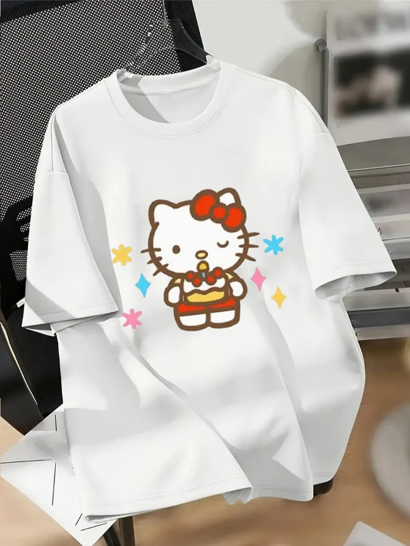 سانريو مطبوعة الكتف أسفل القطن الخالص مريحة قصيرة الأكمام جولة الرقبة عارضة تي شيرت، ملابس الربيع والصيف النسائية