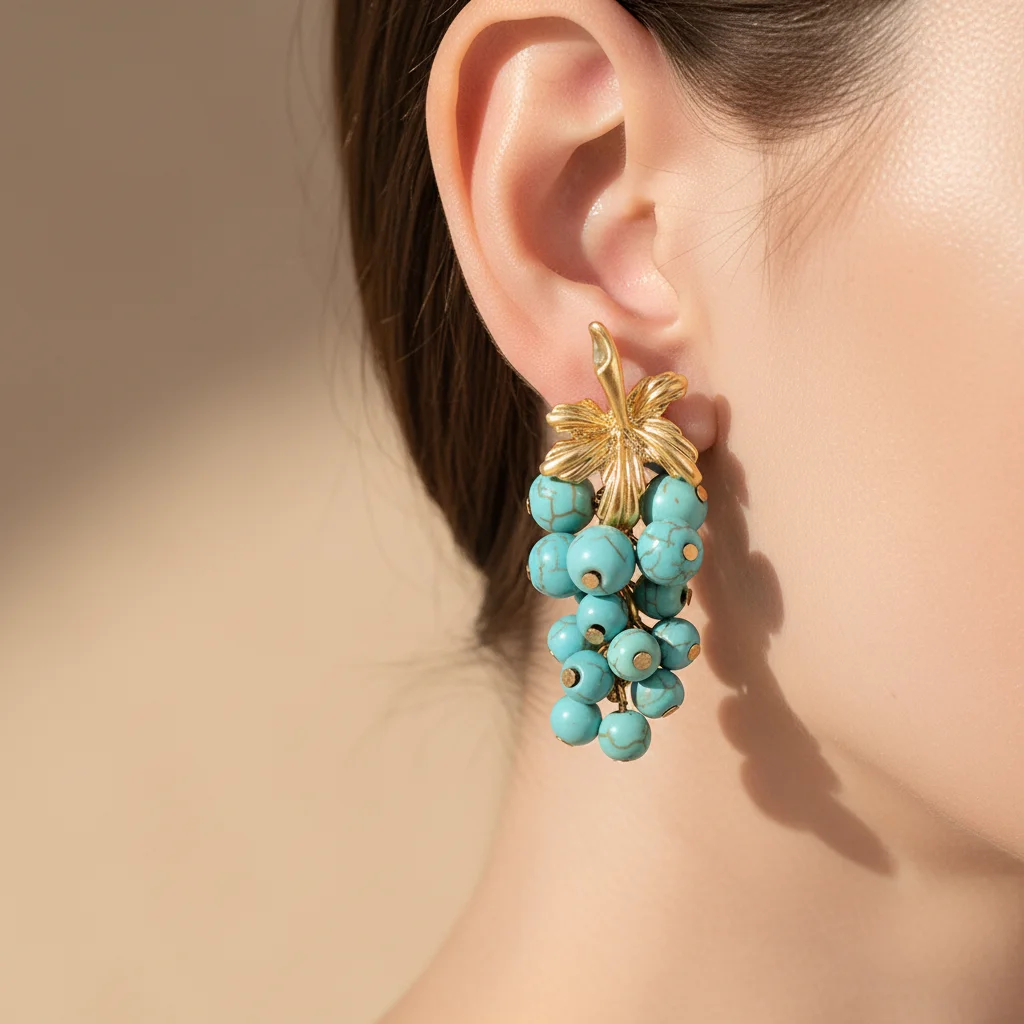 

Boho Gold Color Grape Cluster Turquoise Bead Drop Earrings for Women - Vintage Leaf Dangle Statement Jewelry