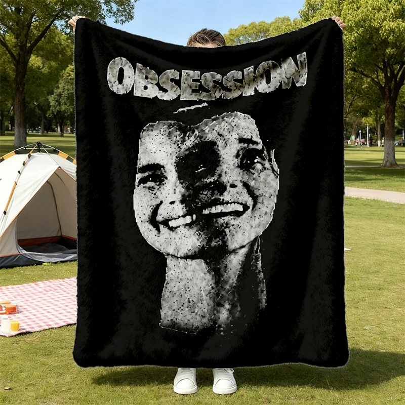 90s Obsession Horror Movie Graphic Flannel Blanket, Acid Wash Distressed Streetwear T, Flannel Throw