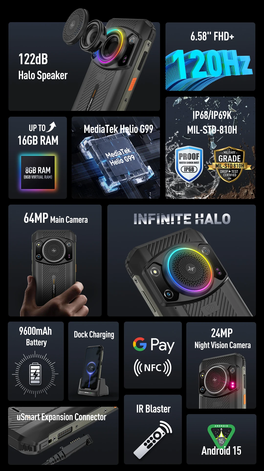 Ulefone Armor 21 Smartphone, G99 Android 15, 16GB RAM, 256GB ROM, Rugged Phone, 64MP, 9600mAh, Mobile Phone, Global Version