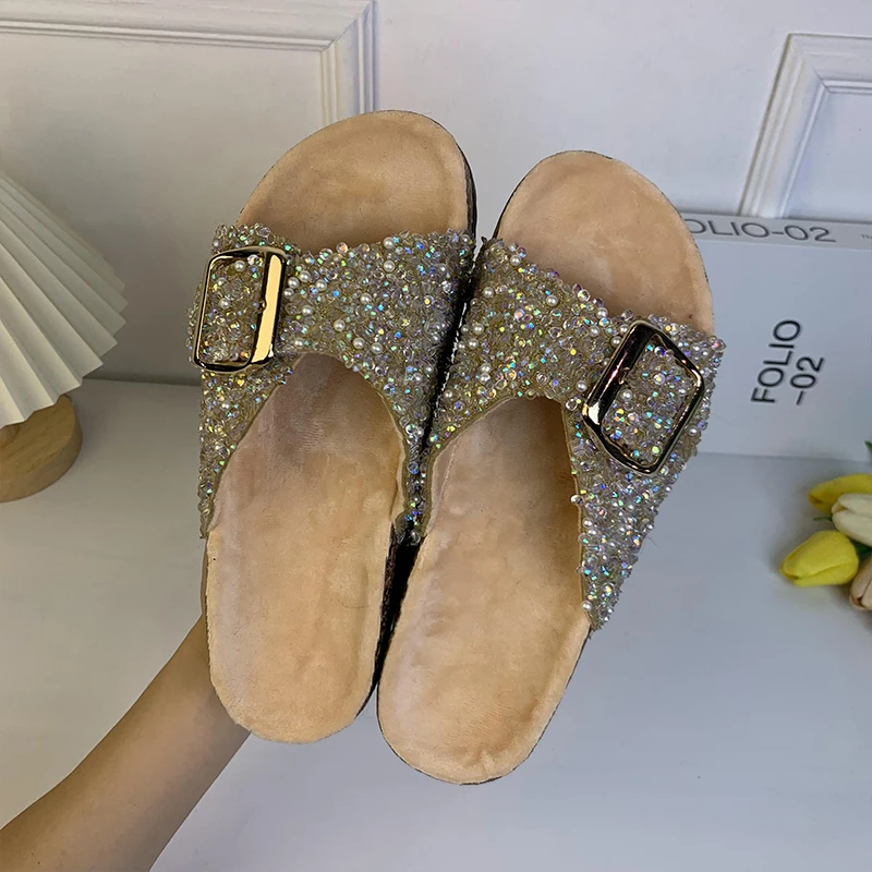 Popular Women Beach Sandals Single Buckle Pearl Sequins Home Fall Leisure Vacation Outside Wear Women\'s Flat Slippers