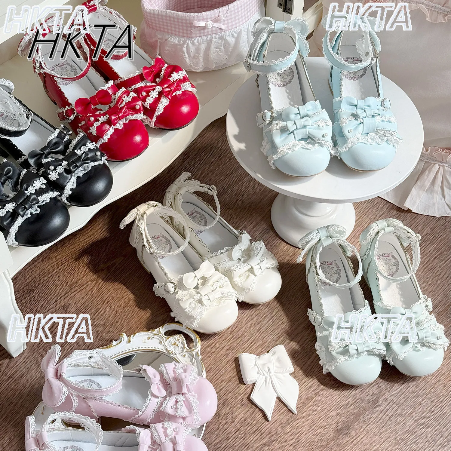 Japanese 2026 Summer Sweet Lace Bow Tower Buckle Mary Jane Shoes Female Kawaii Cute Round Head Lolita Shoes Mid Heel Pumps Women