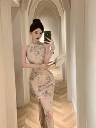 150kg 4XL Plus Size Sexy Sleeveless Retro Qipao Traditional Chinese Side Split Cheongsam Bodycon Long Dress Oriental Costume