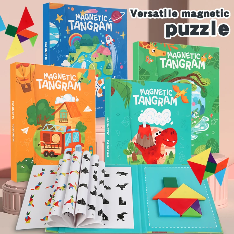 Montessori Magnetic Tangram Wooden Puzzle Book for Children Jigsaw Portable Educational Learning Intelligence Toys for Baby Kids