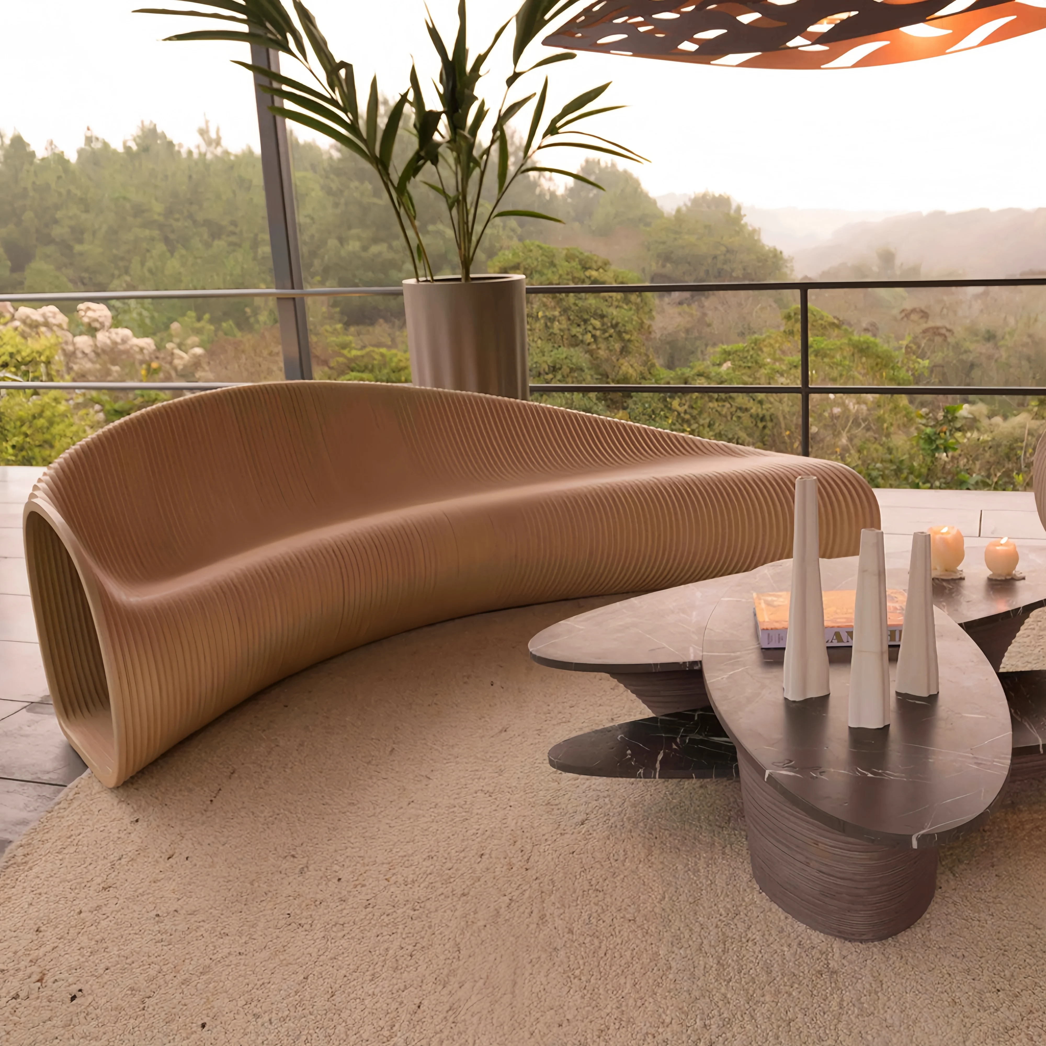 ！@Parametric Wooden Sofa Premium Quality for Contemporary Hotel Lounge Living Room Lounge Area Terrace