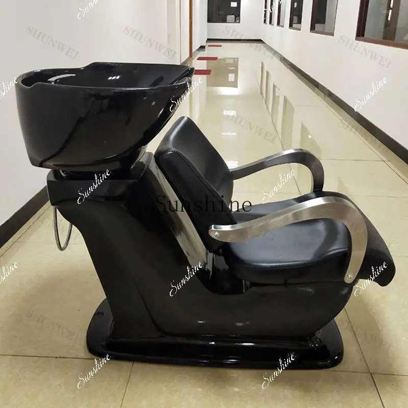 FTBarber Shop Recumbent Stainless Steel Armchair Adjustable Foot Shampoo Bed
