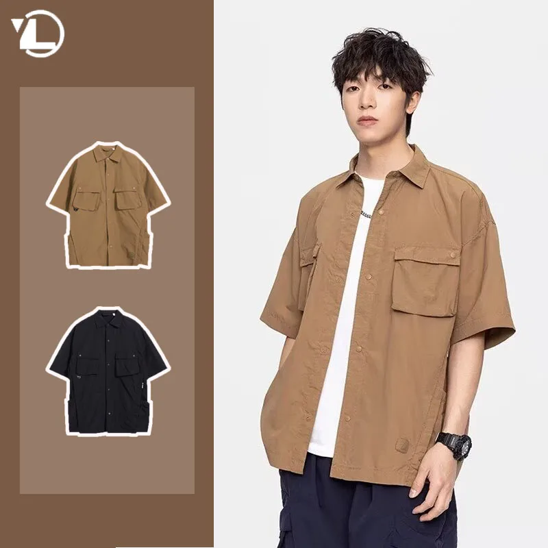 

Mens Japanese Tooling Shirt Summer Thin New College Retro Half Sleeved Cargo Jacket Solid Trendy Casual Lapel Multi Pocket Tops