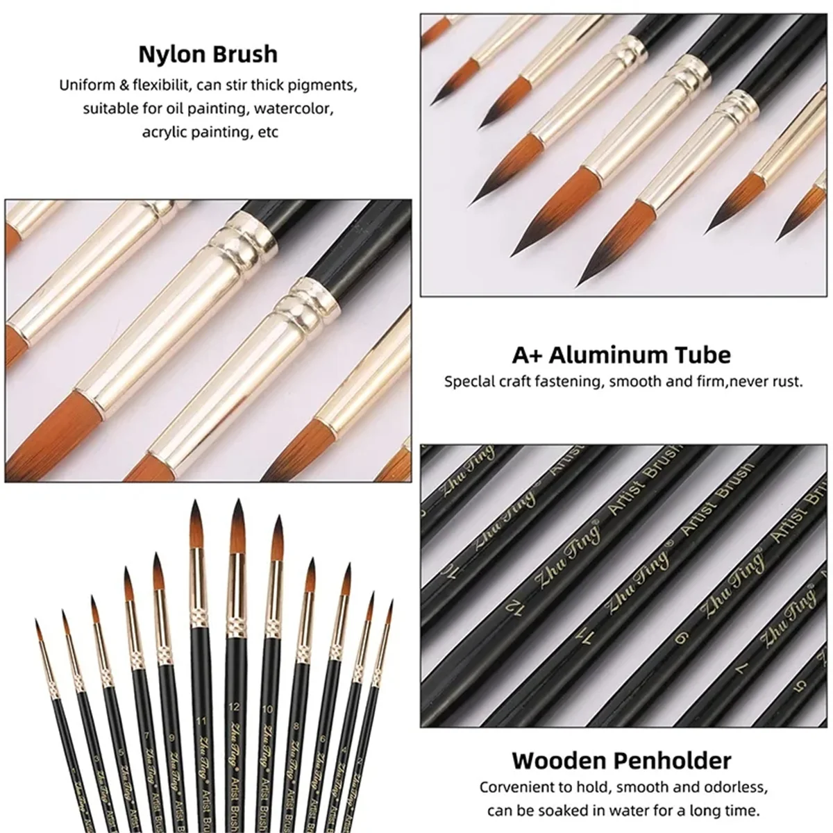 12 stücke Professionelle Aquarell Pinsel Set Runde Spitze Spitze Nylon Haar Künstler Acryl Pinsel Für Acryl Aquarell Öl – Detail 3