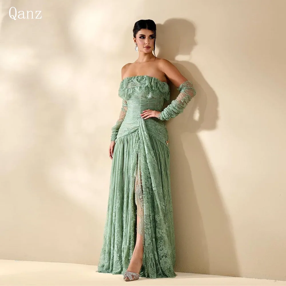 

Qanz Sage Green Lace Evening Dresses Appliques Long A Line High Slit Full Sleeves Strapless Party Dress Women Elegant Luxury