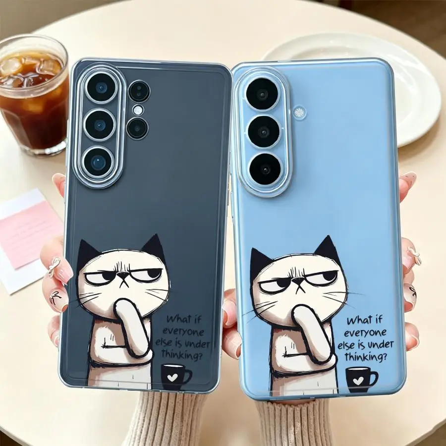 Case for Samsung Galaxy S26 Ultra S26+ S20 S22 Note 10 20 S23 S21 S25+ S25 Plus S10 S24 FE Clear Phone Cover Coffee Cat Thinking