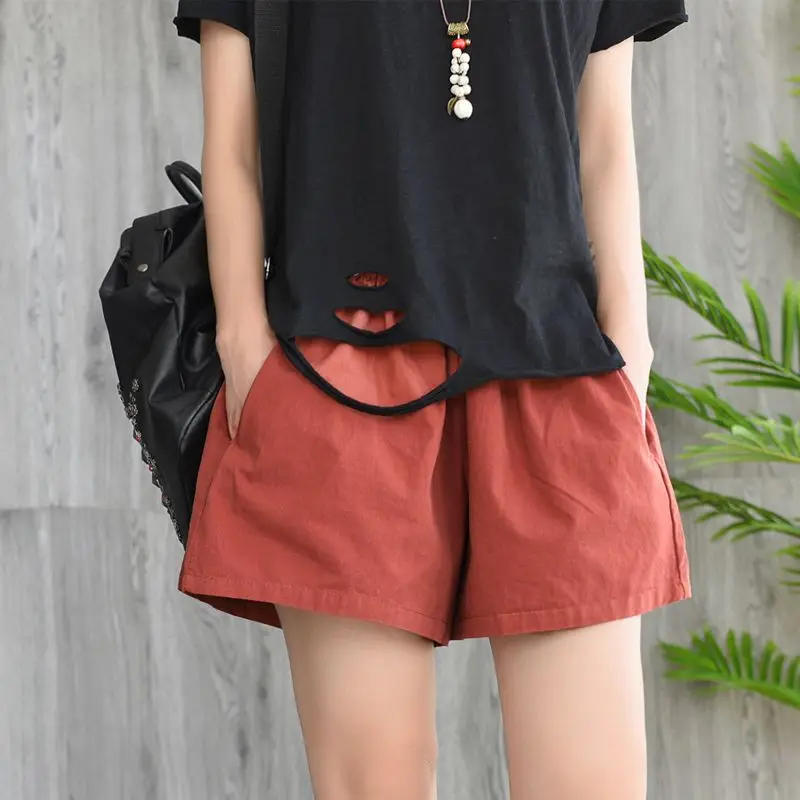 Vintage Elastic Waist Thin Shorts Summer Solid Pockets Patchwork Loose Simplicity Wide Leg Pants Fashion Casual Women Clothing