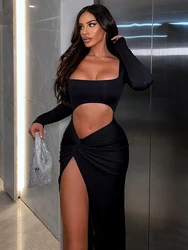 Y2k Summer midriff Baring Elegant Sexy Long Sleeve Ruched Bodycon Dress Women  Maxi Dresses Skinny Stretchy Party Vestidos