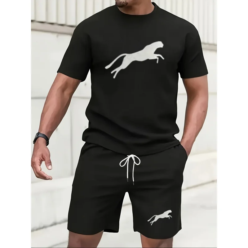 

Men's casual printed T-shirt set, running animal pattern design, fashionable and comfortable, perfect for summer street style