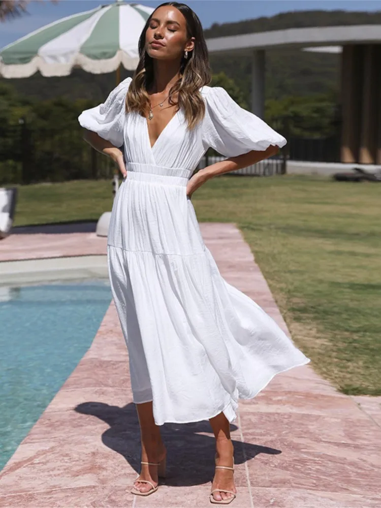 

Dresses 2025 Woman Elegant Short Sleeves Solid Color Simple Style All-match Holiday Vestidos Temperament Casual Trendy Loose