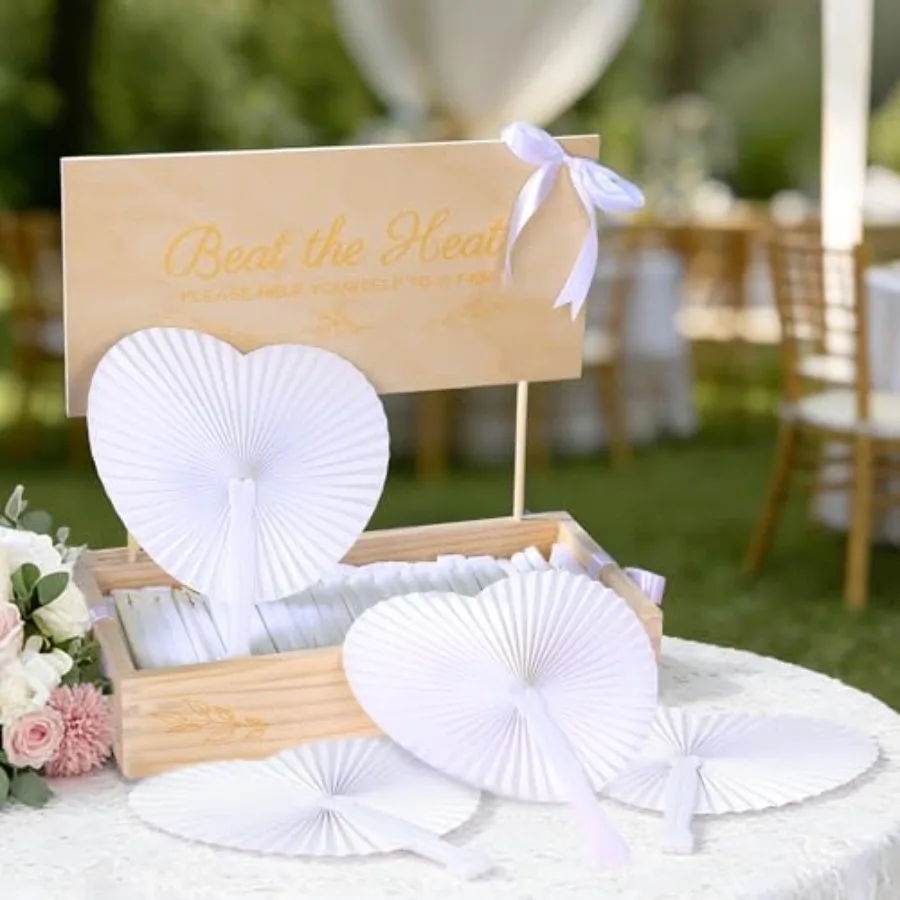 

Aodaer Heart Shaped White Paper Wedding Fans with Wooden Storage Box 150 Folding Handheld Fans Satin Ribbon for Wedding Party F