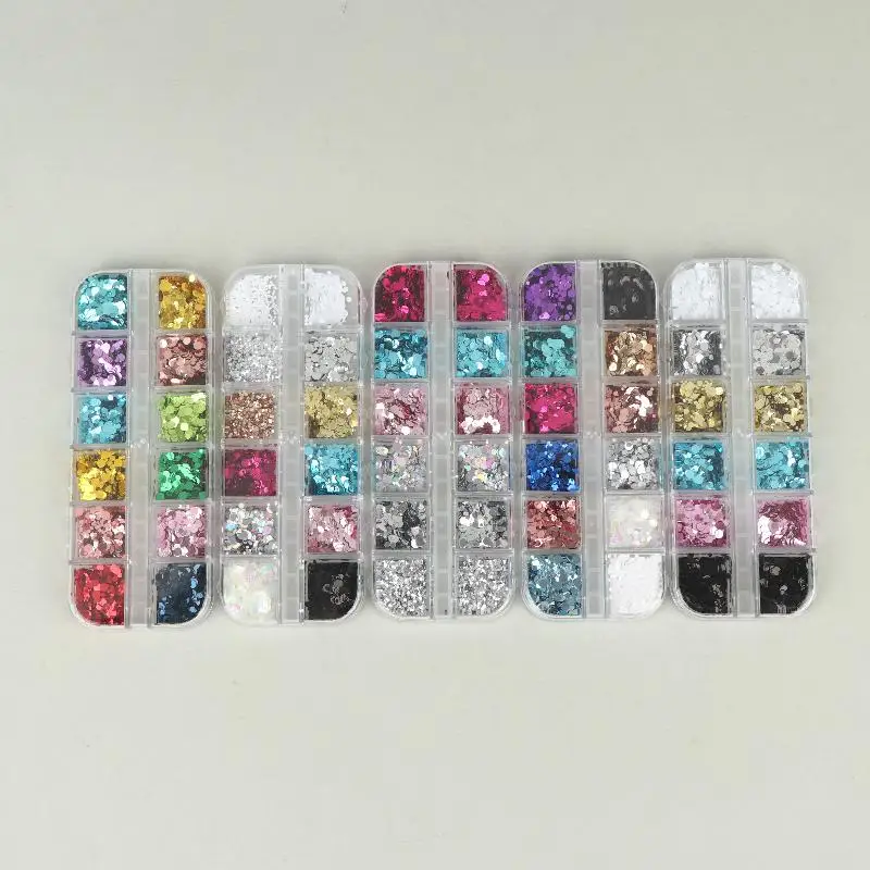 12 Grids Round Dot Floral Nail Art Sequins With Shiny Glitter Various Colors For Home DIY Nail Salon Manicure Decoration