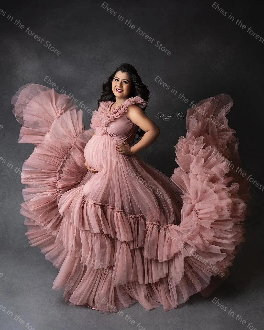 Pink Tulle Maternity Robes for Photography Tiered Ruffles Pregnant Women Gowns Sexy V Neck Floor Length Baby Shower Dresses