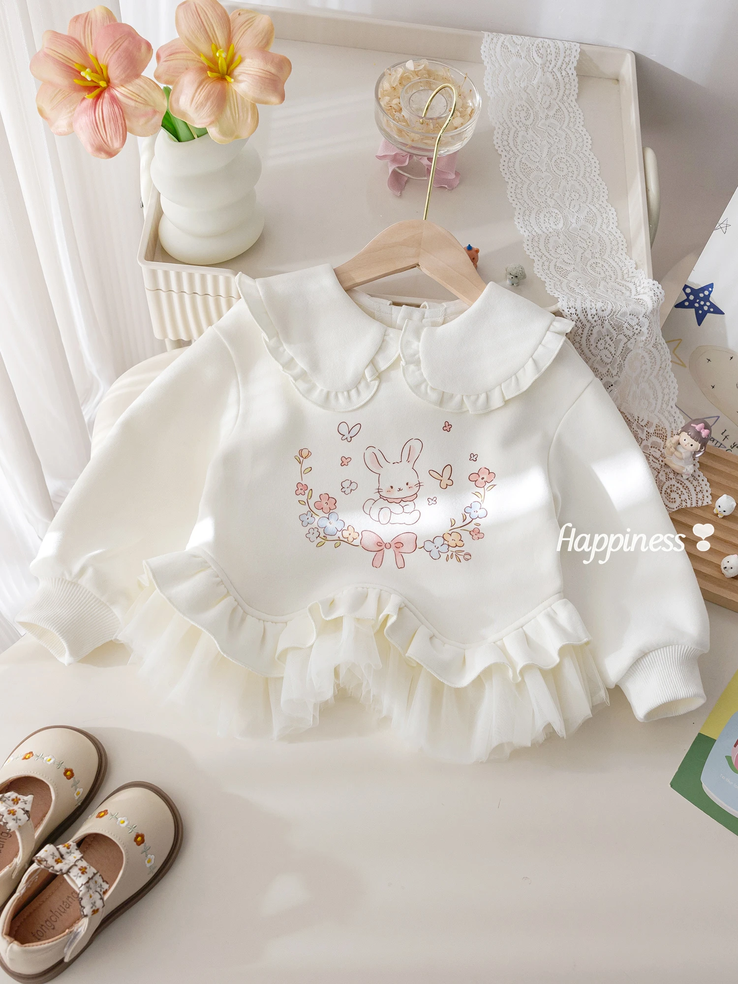 Autumnal Rabbit Print Sweatshirt for Girls Cute Cartoon Design Lace Trim Fashionable Top Comfortable Cotton Polyester Blend