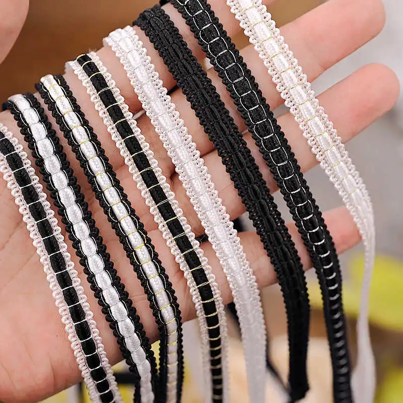 Black and White Knitted Braided Lace Trim Ribbon, High Quality, DIY Crafts, Sewing Accessories, Fabric, 1cm Width, 3 Yards