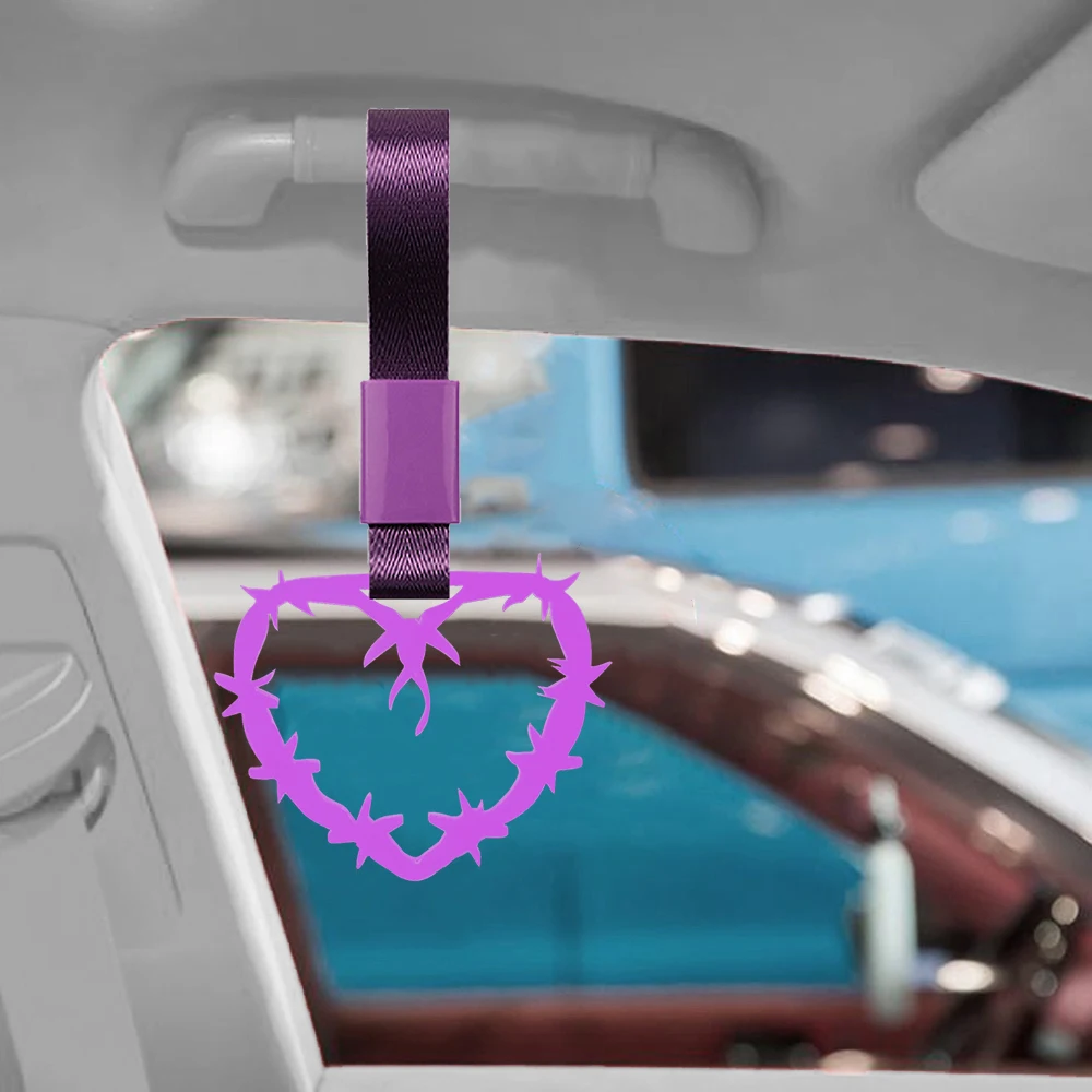 JDM Barbed-Wire Heart Shape Tsurikawa Ring Purple Nylon Belt Car Handle Strap Drift Charm Plastic Accessories Strap