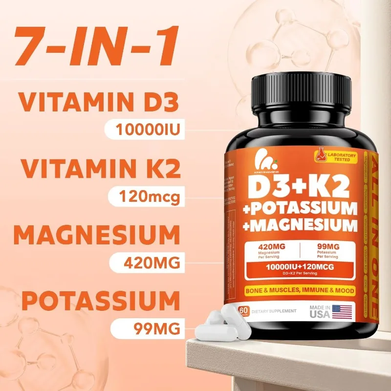 Vitamina D3 K2 10000 IU que contiene magnesio y potasio -60 cápsulas para soporte de salud ósea y inmune