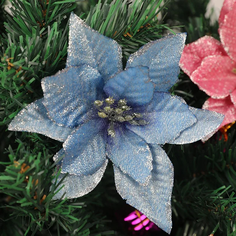 5/10PCs Christmas Decorations Glitter Artificial Flowers Xmas Tree Decor for Home Party 2023 Navidad New Year Ornaments Gift