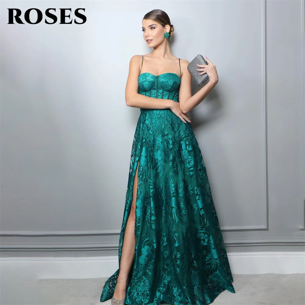 ROSES Spaghetti Strap Evening Gown Elegant Green A Line Prom Dress Appliques Lace Sweetheart Neck Evening Dress robes de soirée