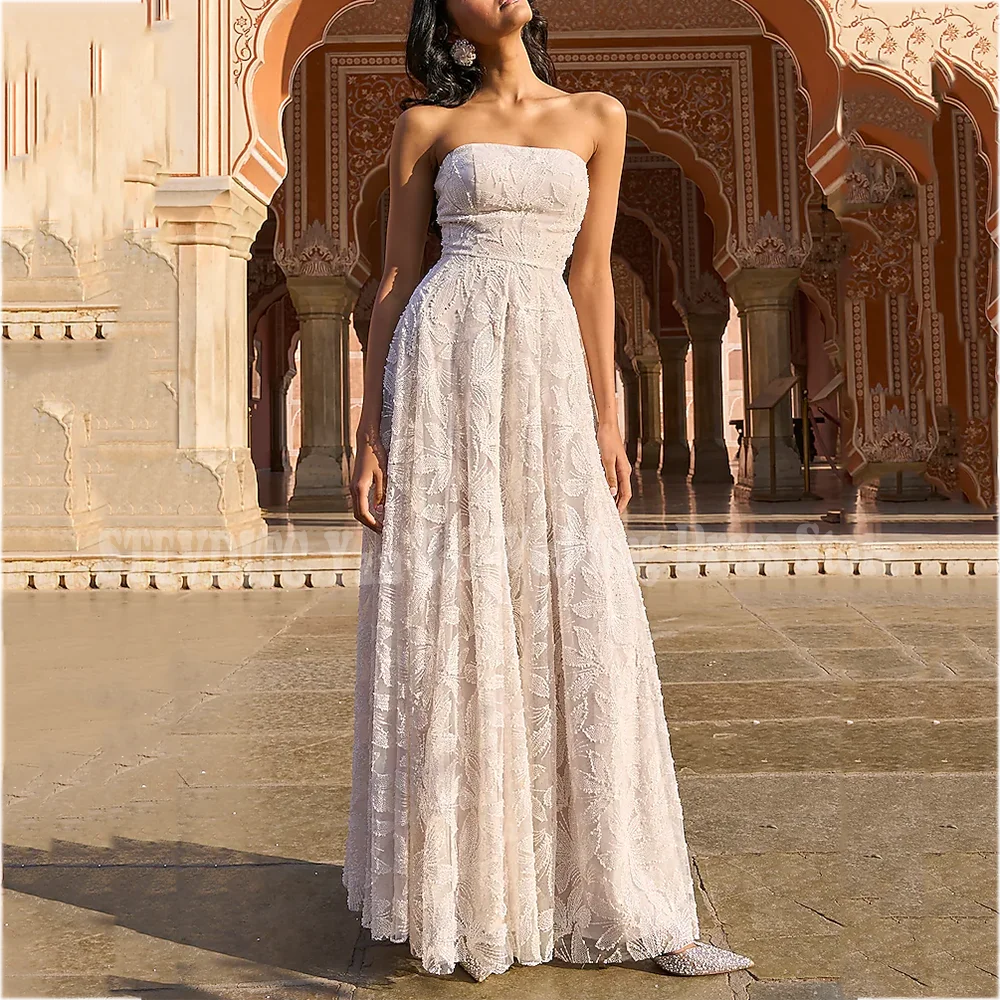 

Exquisite Lace Women's Prom Dresses Fashion Strapless A-Line Party Gown Special Occasion Sleeveless Modern Style Evening Dress