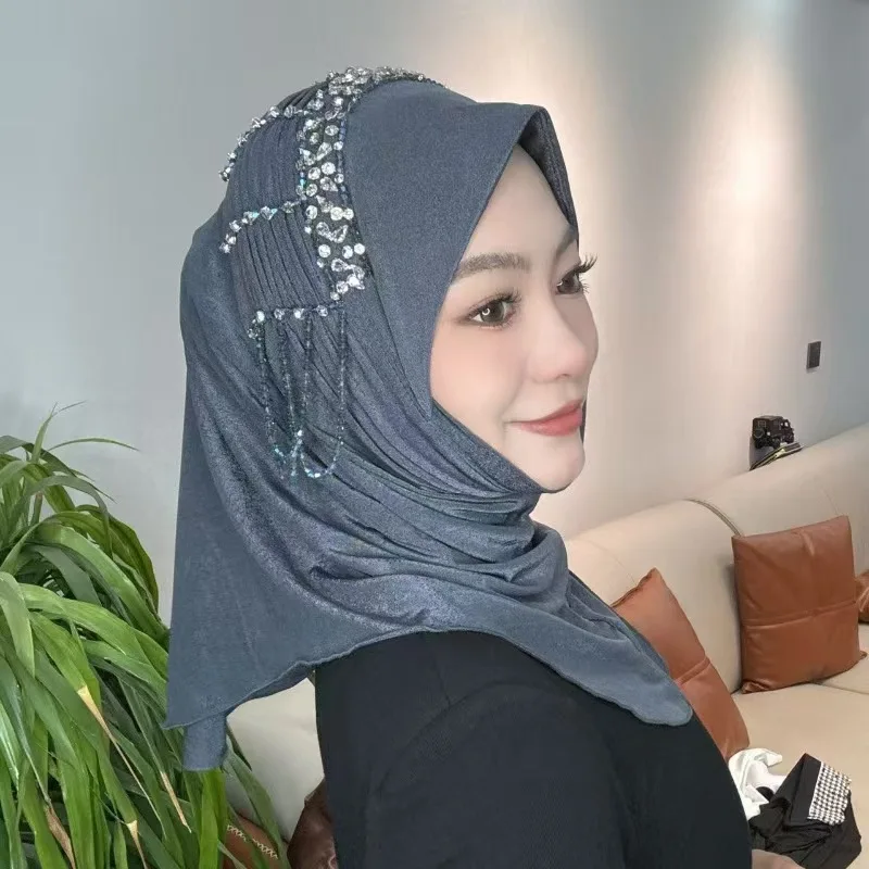 Pañuelo para la cabeza de África para mujer, bufanda extraíble de esponja de ala suave que combina con todo, cubierta para la cabeza de primavera, borla de diamantes, sombreros Hijab de lujo con cuentas para chica
