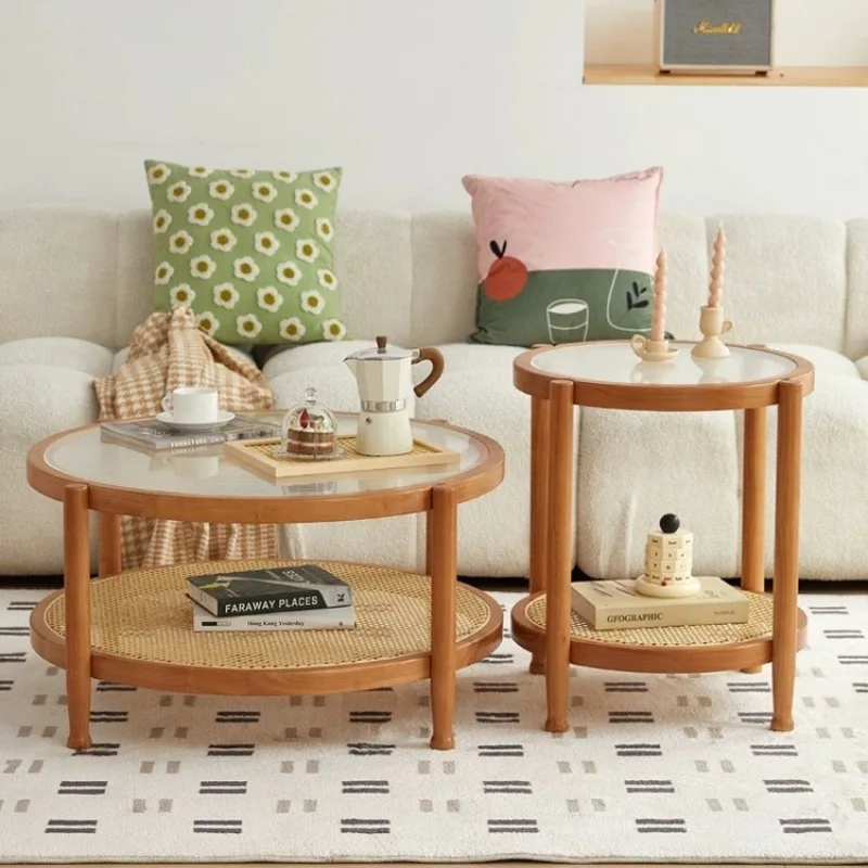 

Japanese coffee table living room home solid wood rattan ins Changhong glass double-layer round simple modern small apartment