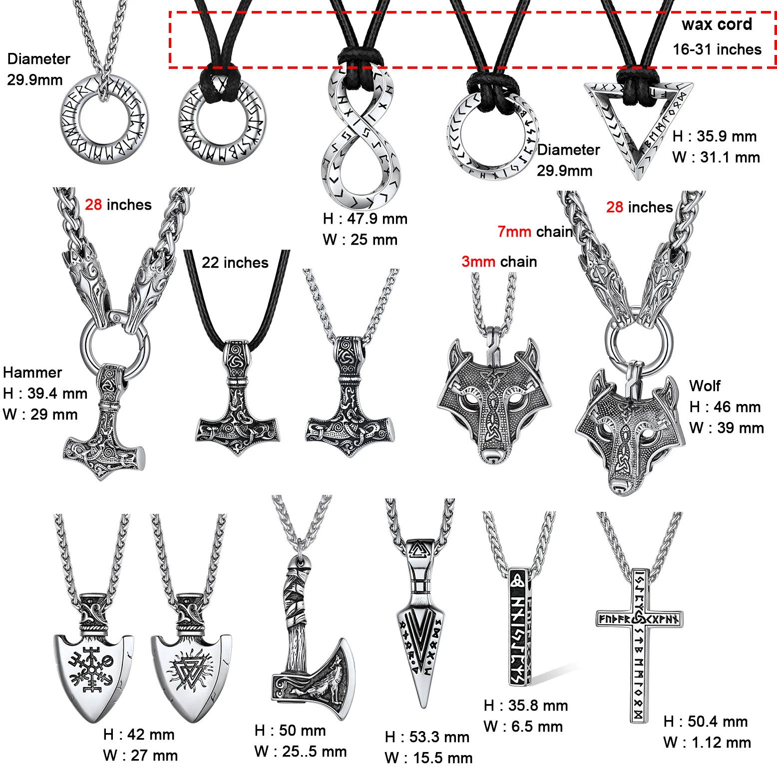 U7 Nordic Viking Necklaces for Men Mobius Infinity Triangle Bar Corss Wolf Hammer Axe Pendant & Wax Cord /Chain Stylish Jewelry