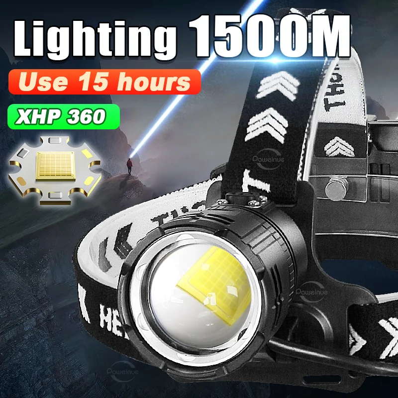 2024 XHP360 High Power LED Headlamp 18650 Rechargeable Headlight  Super Bright Outdoor Camping Fishing Waterproof Head Lamp