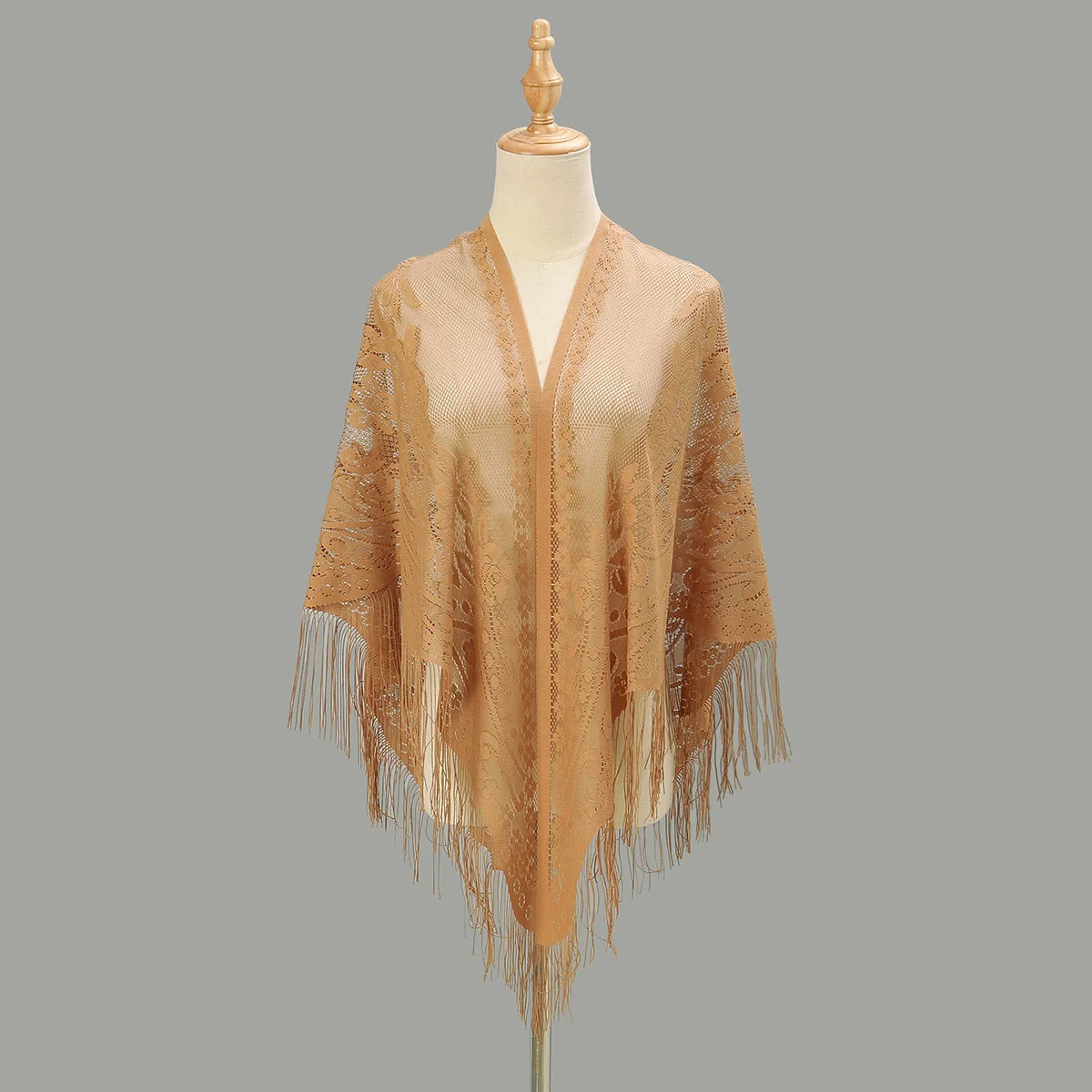 Spring and Summer New Hollow Flowers Fringed Sunscreen Shawl Solid Color Temperament Cheongsam Outer Coat Women