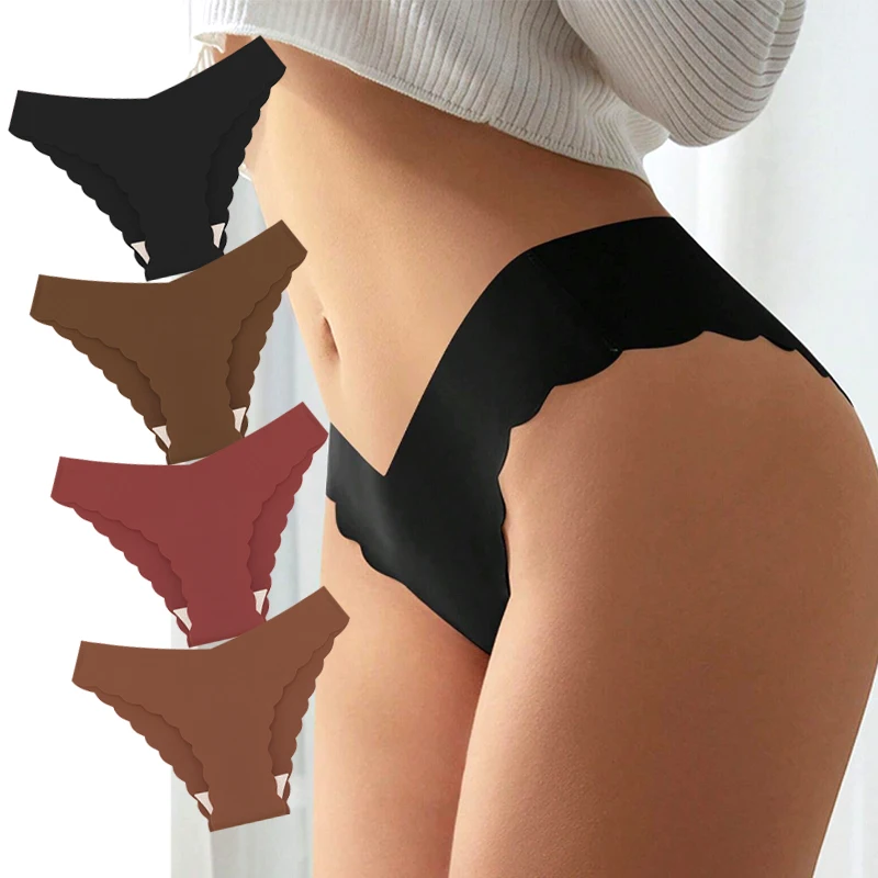 FINETOO 3Pcs Ice Silk Seamless Ruffles Underwear Women\'s Panties Sexy Low-Waist Stretch Briefs Female Soild Comfortable Lingerie