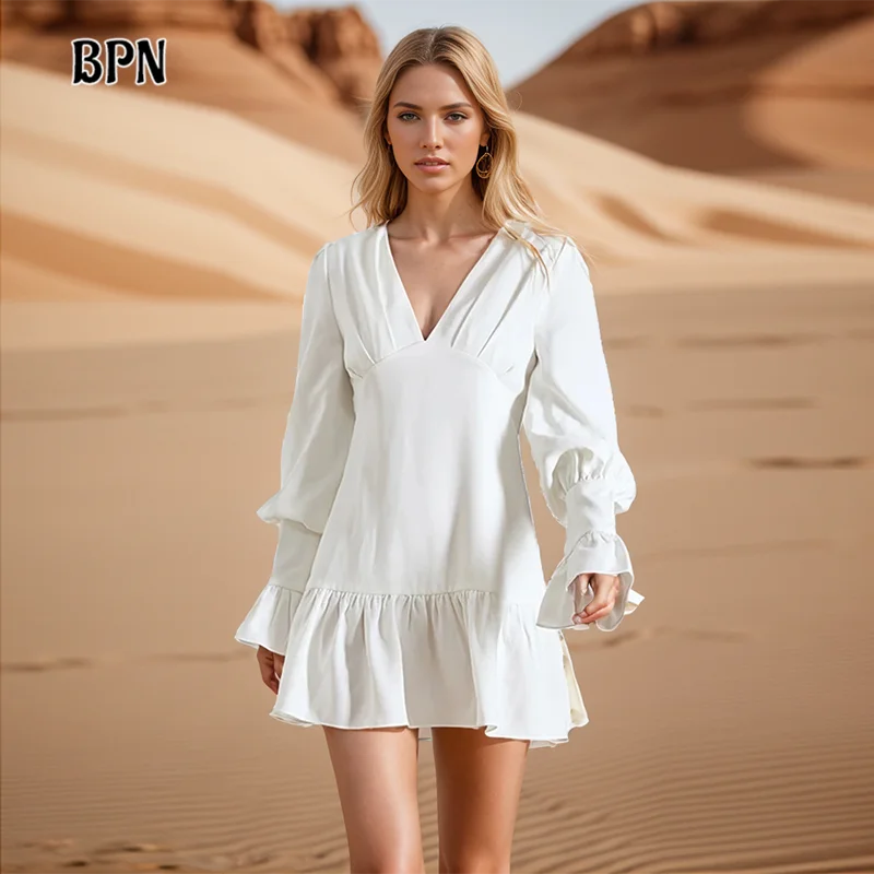 

KBQ Elegant Solid Slimming Dress For Women V Neck Flare Sleeve High Waist Spliced Zipper A Line Mini Dresses Female Fashion