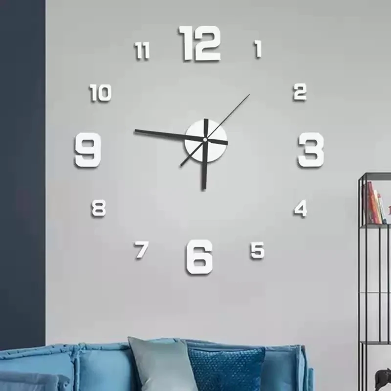 Modern Frameless DIY Wall Clock Large 3D Numbers Wall Watch for Home Office Decorations Wall Decoration Art Silver-A57M