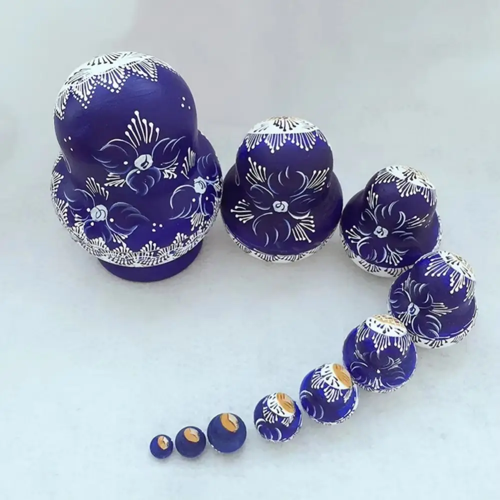 10Pcs/Set Xmas Festival Gift Wood Russian Nesting Blue Floral Print 10 Layer Matryoshka Wooden Handmade Cartoon Stacking