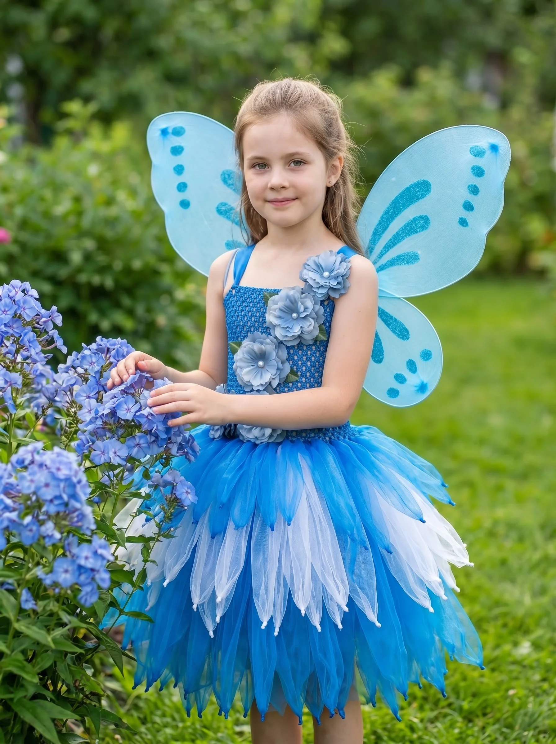 Girls Blue Costume Tutu Dress with Flower Decor & Wings Kids Birthday Party Cosplay Outfit Halloween Role Play Dress Up