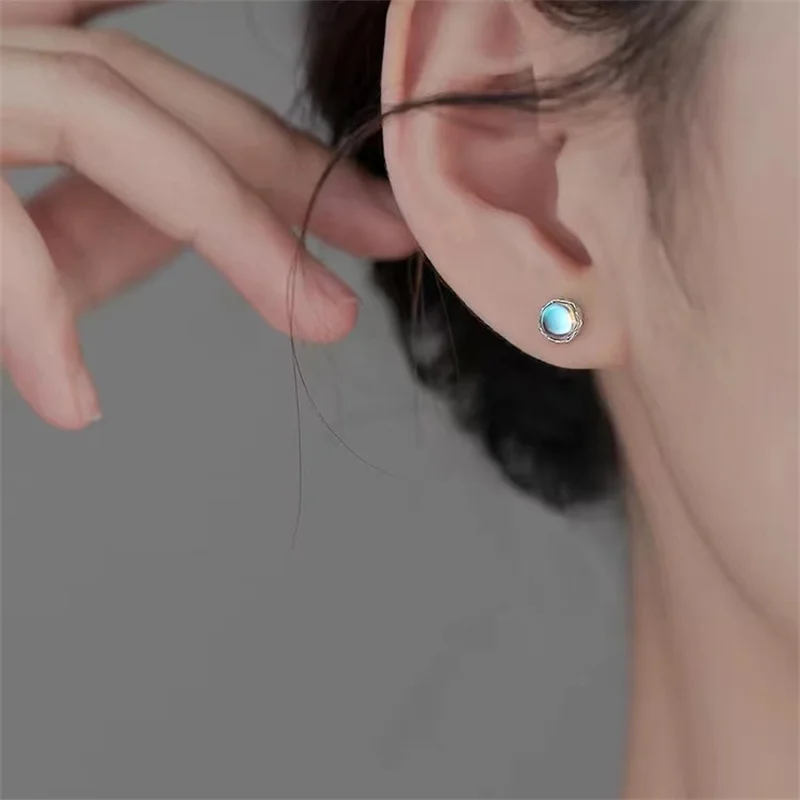 925 Silver Plated Moonstone Round Bead Stud Earring For Women Girls Wedding Party Jewelry Gift E379