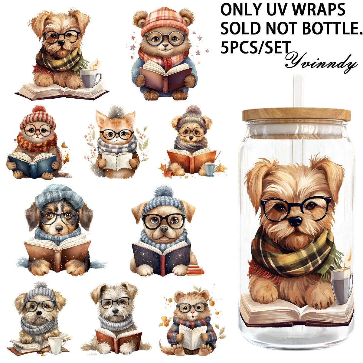 5 Stück/Set Reading Books Dog 16OZ Glasgefäß UV DTF Hochselbstklebend, geeignet zum Dekorieren von Tassen und Flaschen