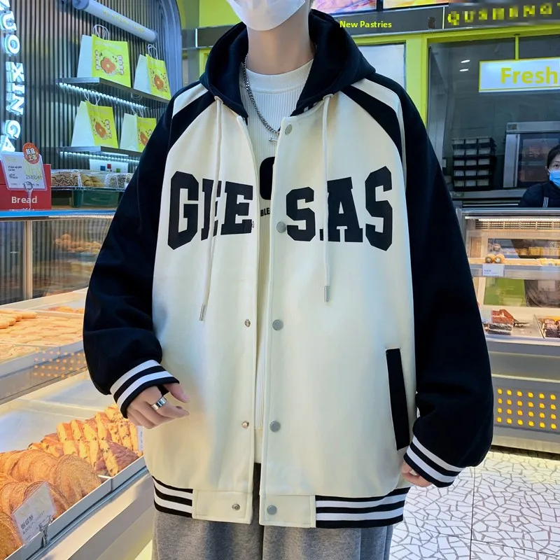 

American Sle Loose Men's Jaet Spring Autumn 2024 New Hooded Open Cardigan Sweatirt Youth Student Clothes Polyester Fabric