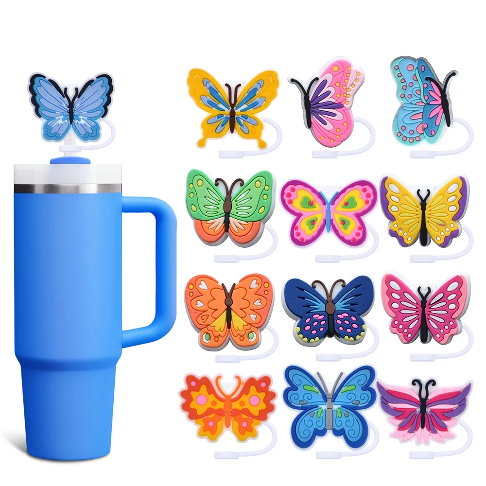 

Colorful Butterfly Straw Cover Cap 10MM Silicone Eco-friendly Straw Plug Splash Proof Drinking Cup Charms Pendent Party Gift