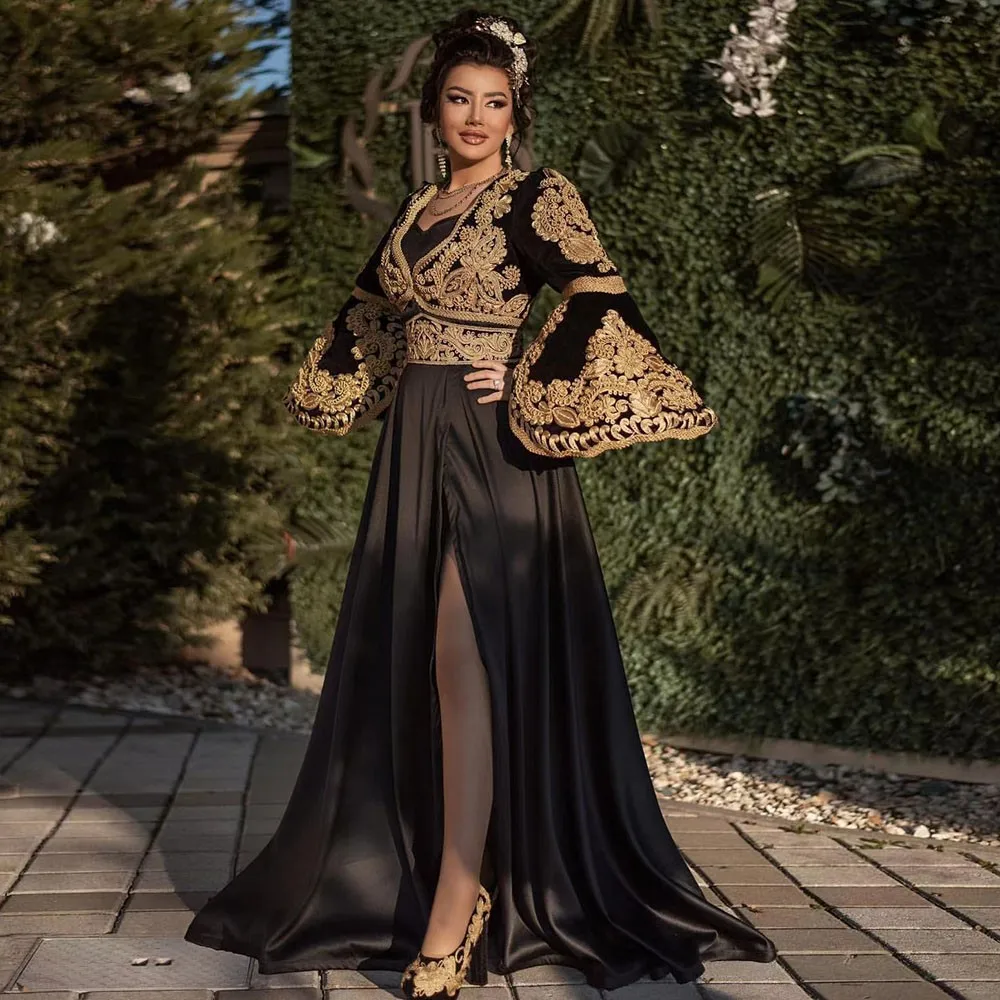

Long Sleeve Slit Evening Dress Satin Lace Arabia Dubai Morocco Mother of the Bride Dresses Applique Floor Length Women Prom Gown