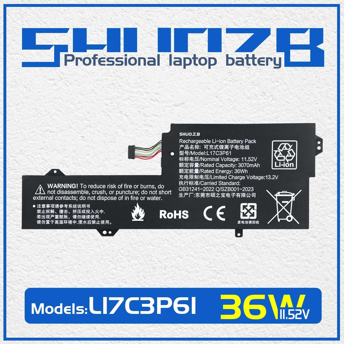 SHUOZB L17L3P61 Laptop Battery For Lenovo IdeaPad 320S-13IKB Yoga 720-12IKB 330-11IGM xiaoxin 7000-13 L17C3P61 L17M3P61 11.58V